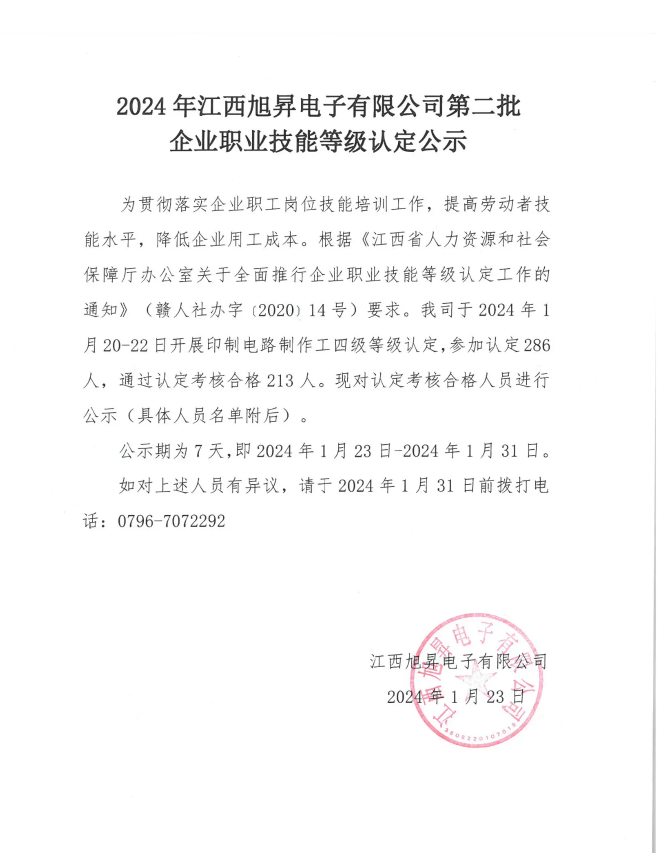 2024年江西旭昇電子有限公司第二批企業(yè)職業(yè)技能等級(jí)認(rèn)定公示